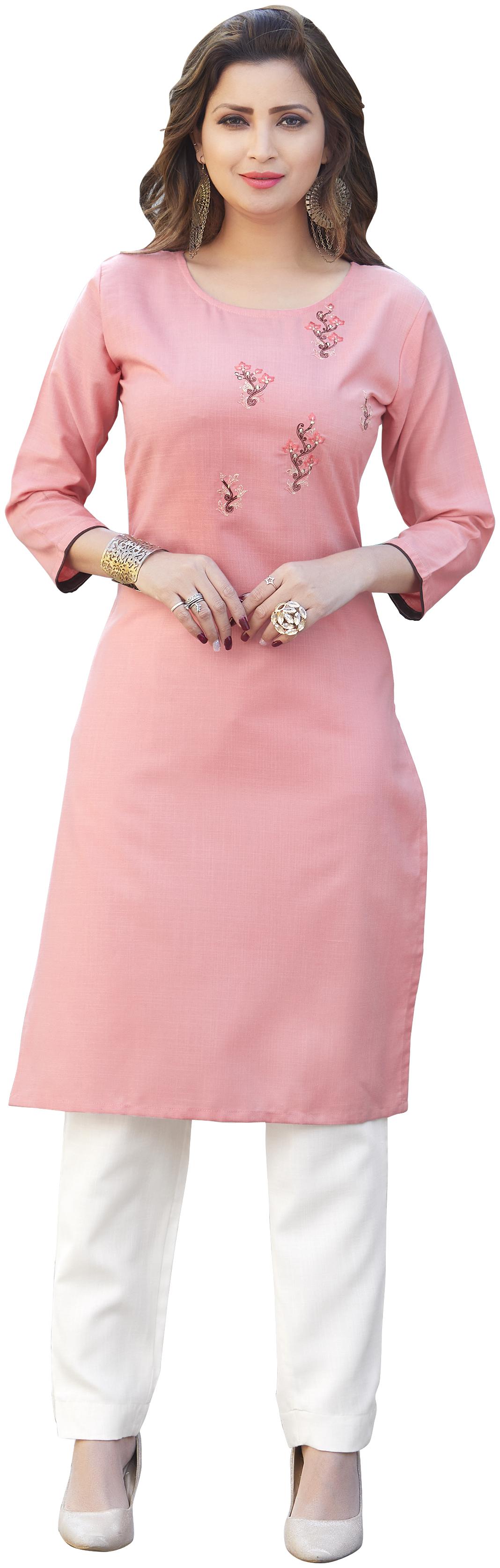 

FUMVEL Women Pink Embroidered Regular Kurti