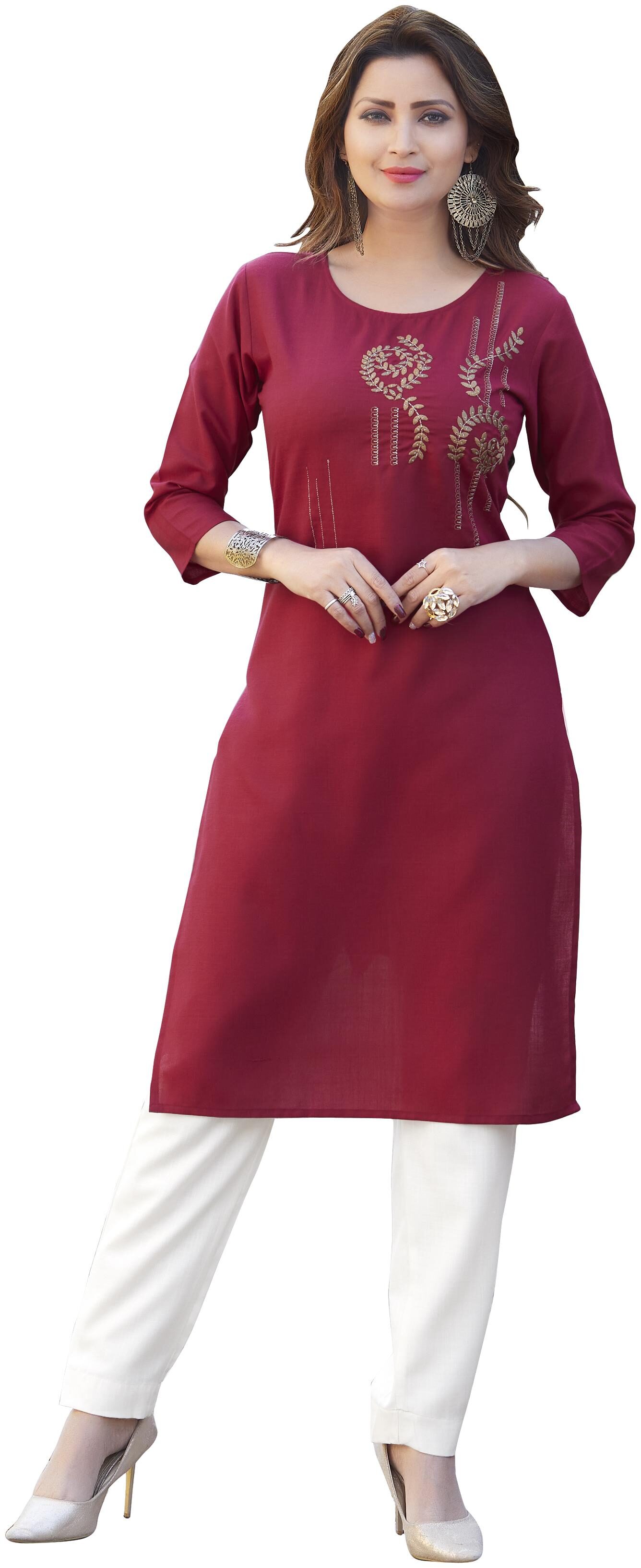 

FUMVEL Women Maroon Embroidered Regular Kurti