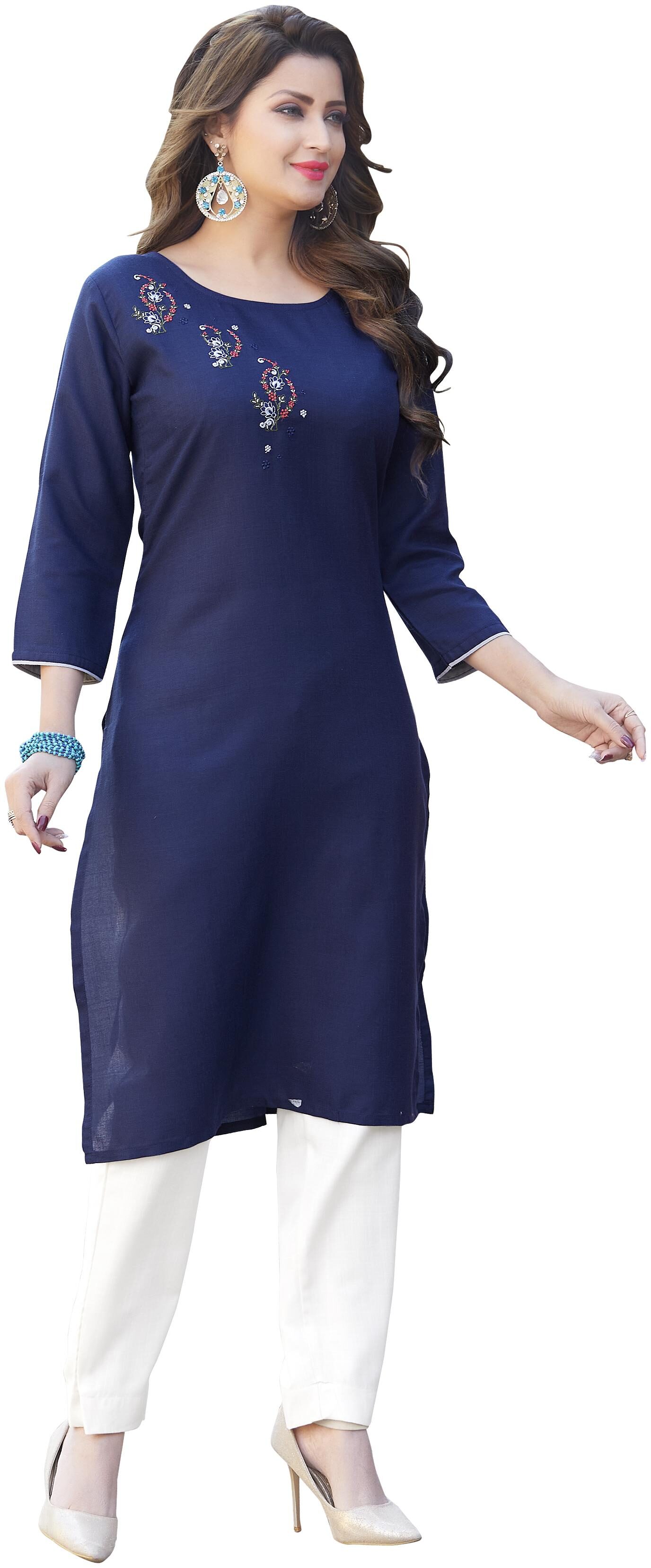 

FUMVEL Women Navy Blue Embroidered Regular Kurti