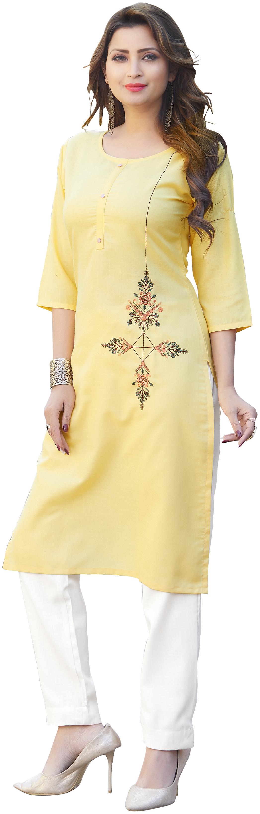 

FUMVEL Women Yellow Embroidered Regular Kurti