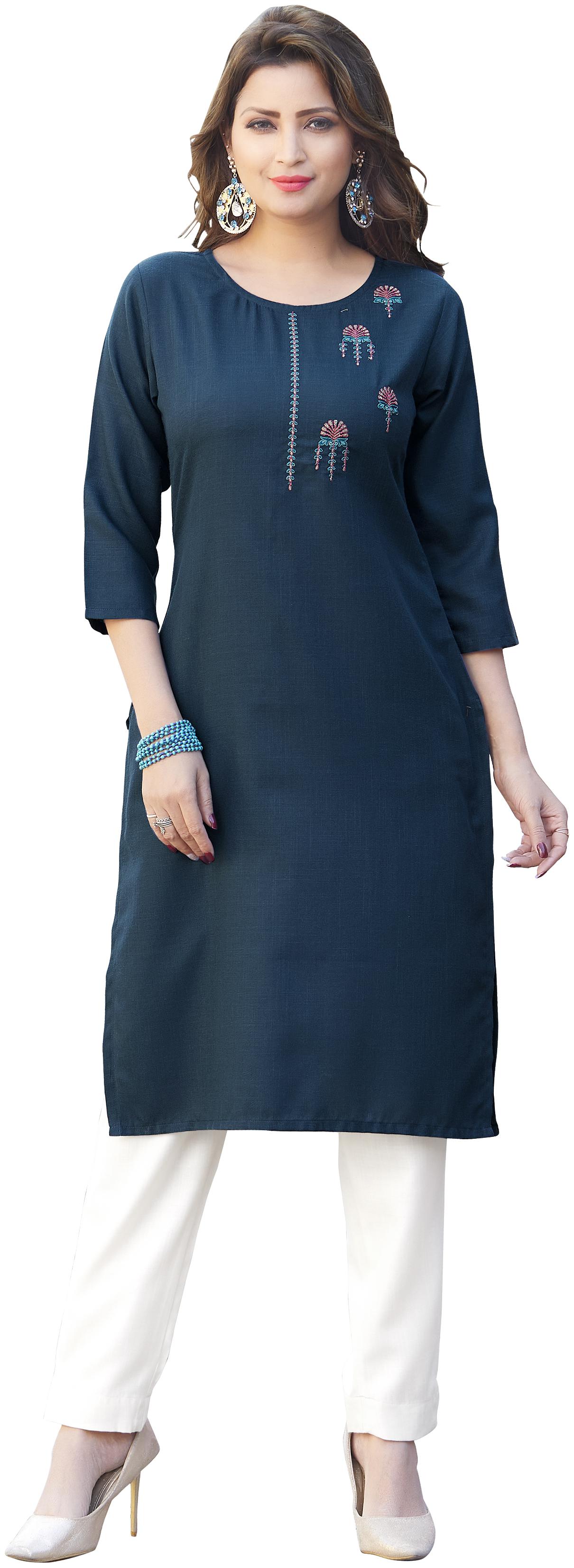 

FUMVEL Women Blue Embroidered Regular Kurti
