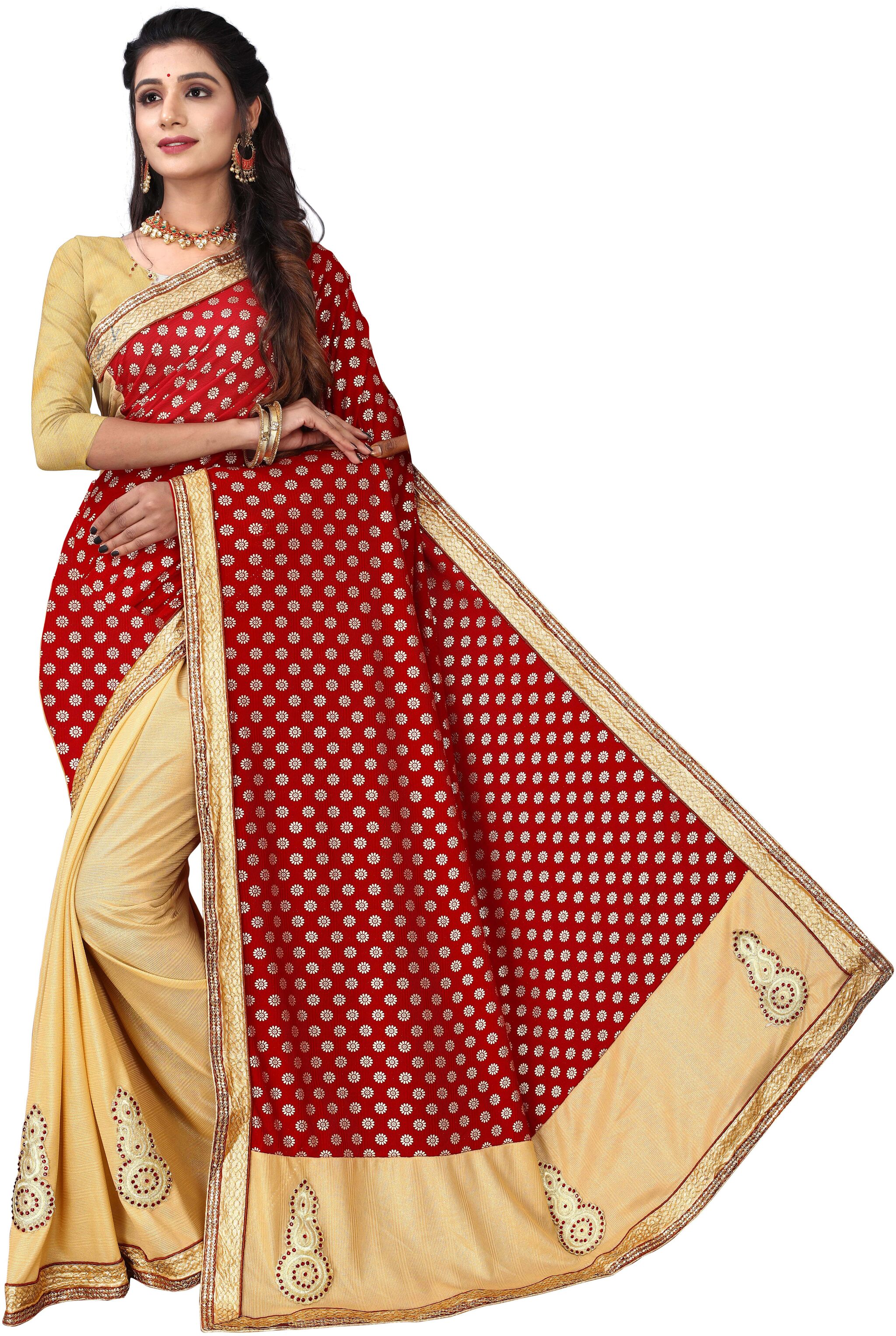 

Fumvel Saree Lycra Blend Lace Worked Printed Saree with Blouse Piece