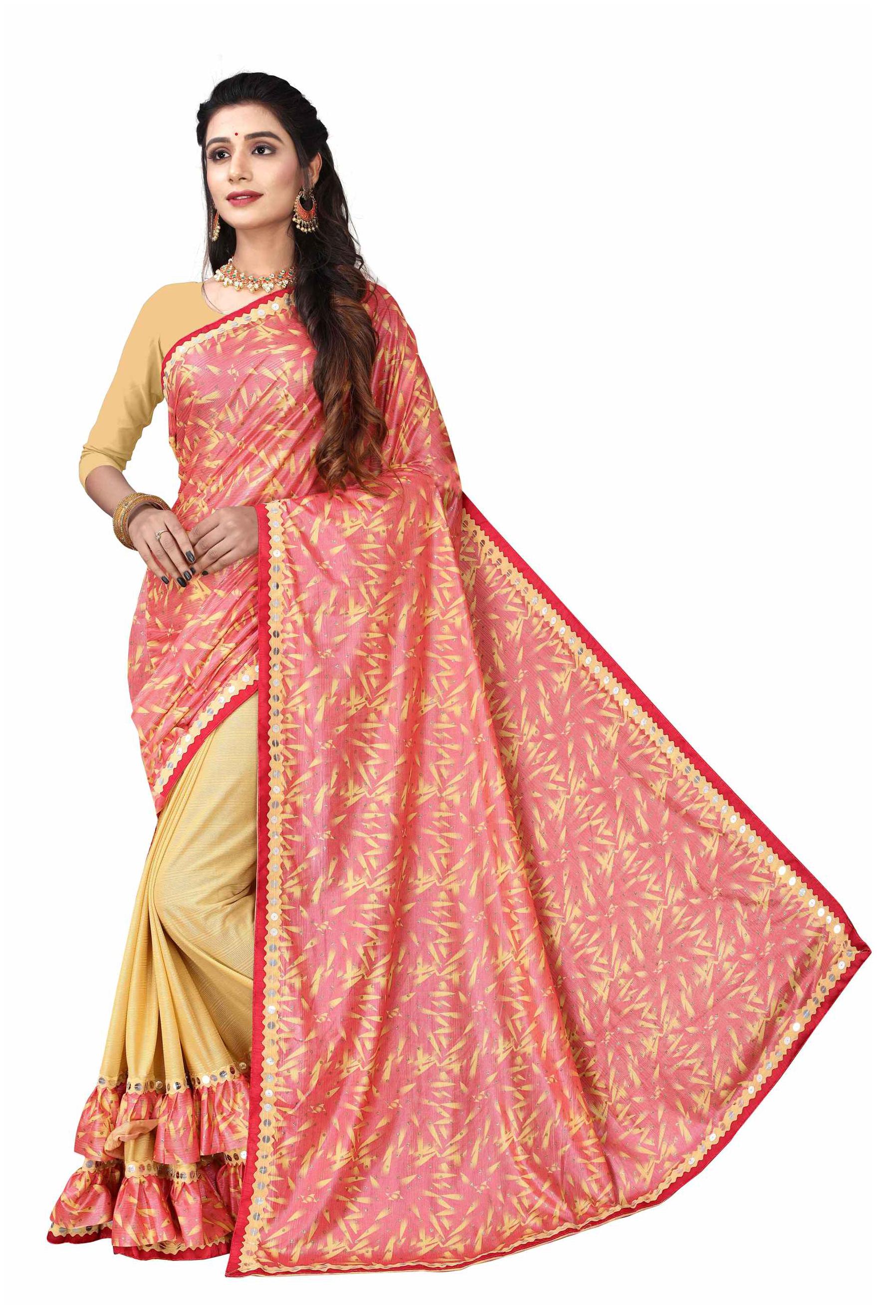 

Fumvel Saree Lycra Blend Lace Worked Printed Saree with Blouse Piece