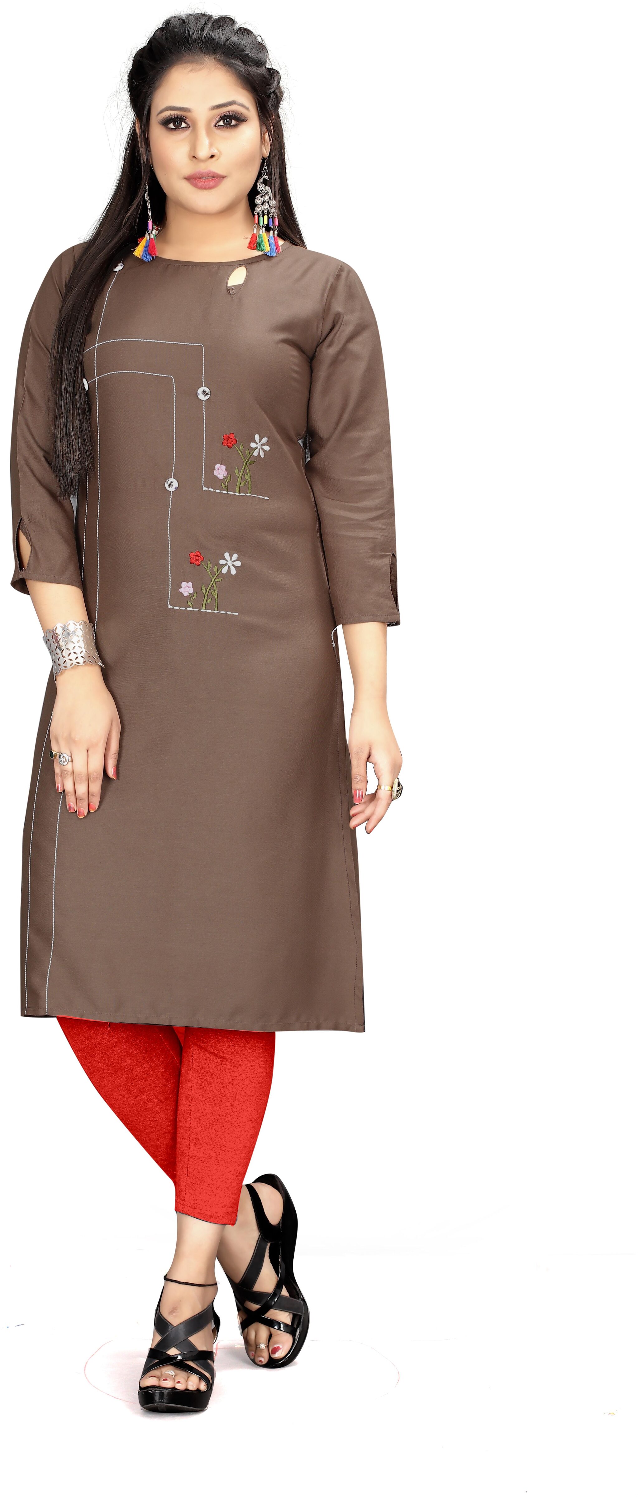

FUMVEL Women Brown Embroidered Straight Kurti