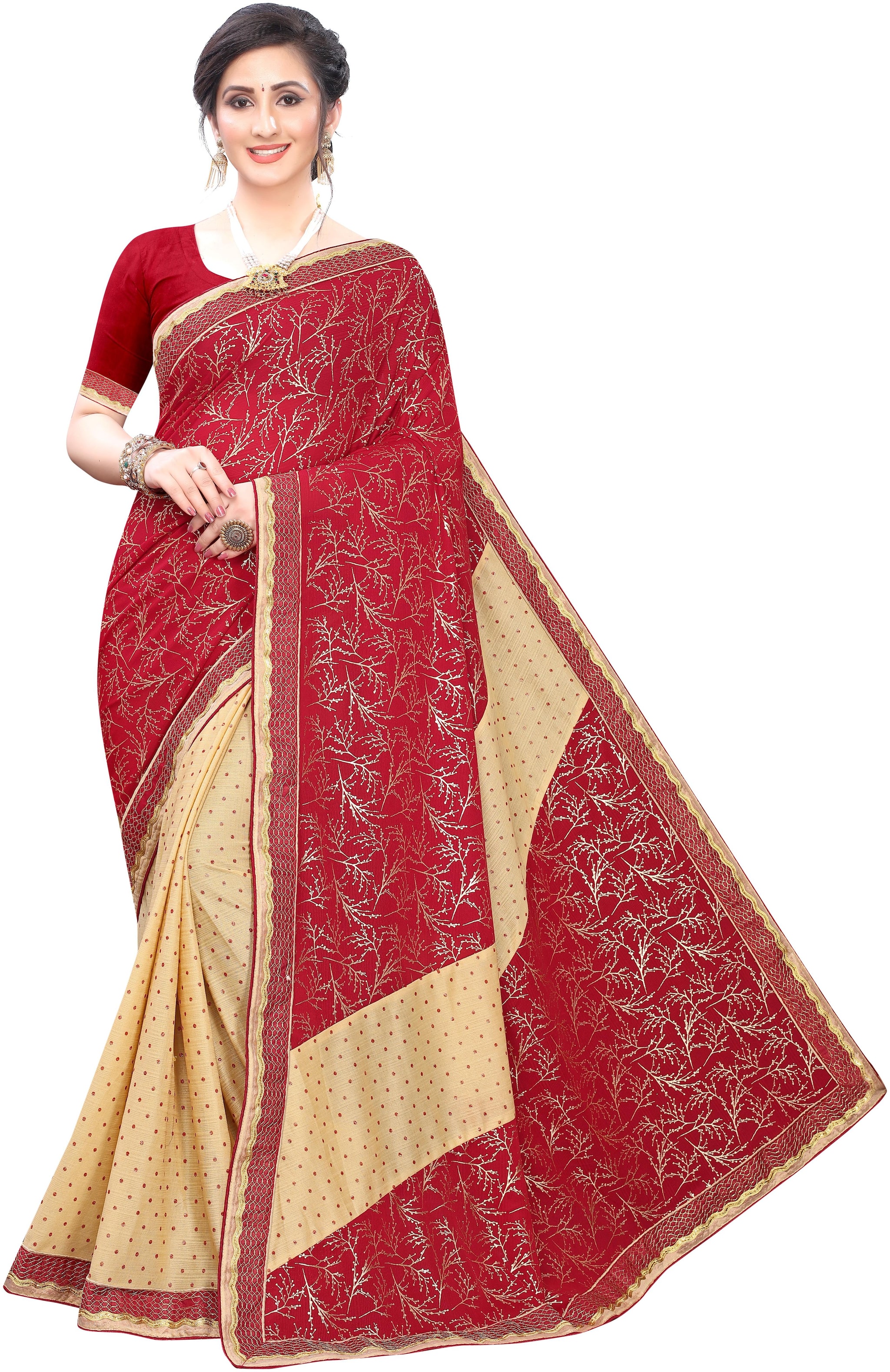 

Fumvel Saree Lycra Blend Lace Worked Printed Saree with Blouse Piece