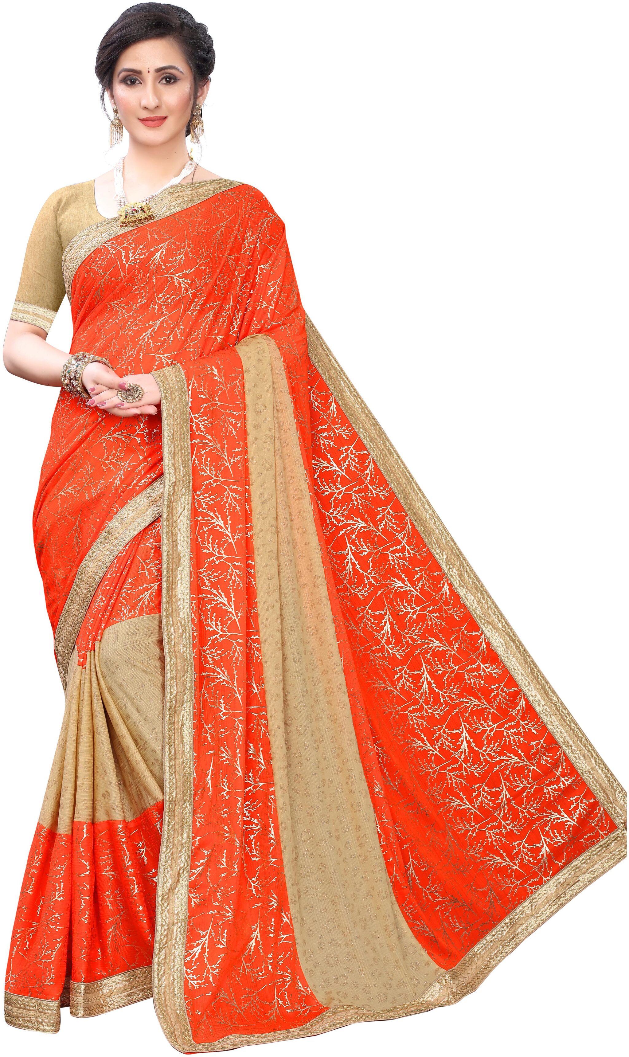 

Fumvel Saree Lycra Blend Lace Worked Printed Saree with Blouse Piece