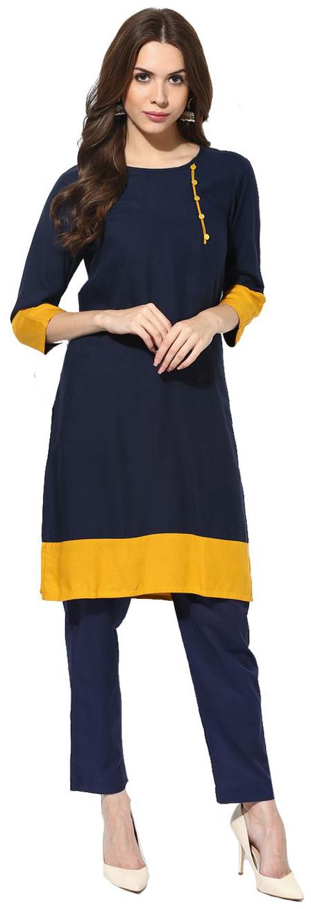 

Fuoko Women s Clothing Kurti for Women Latest Designer Wear Collection Crepe Blue Yellow A Line Kurti