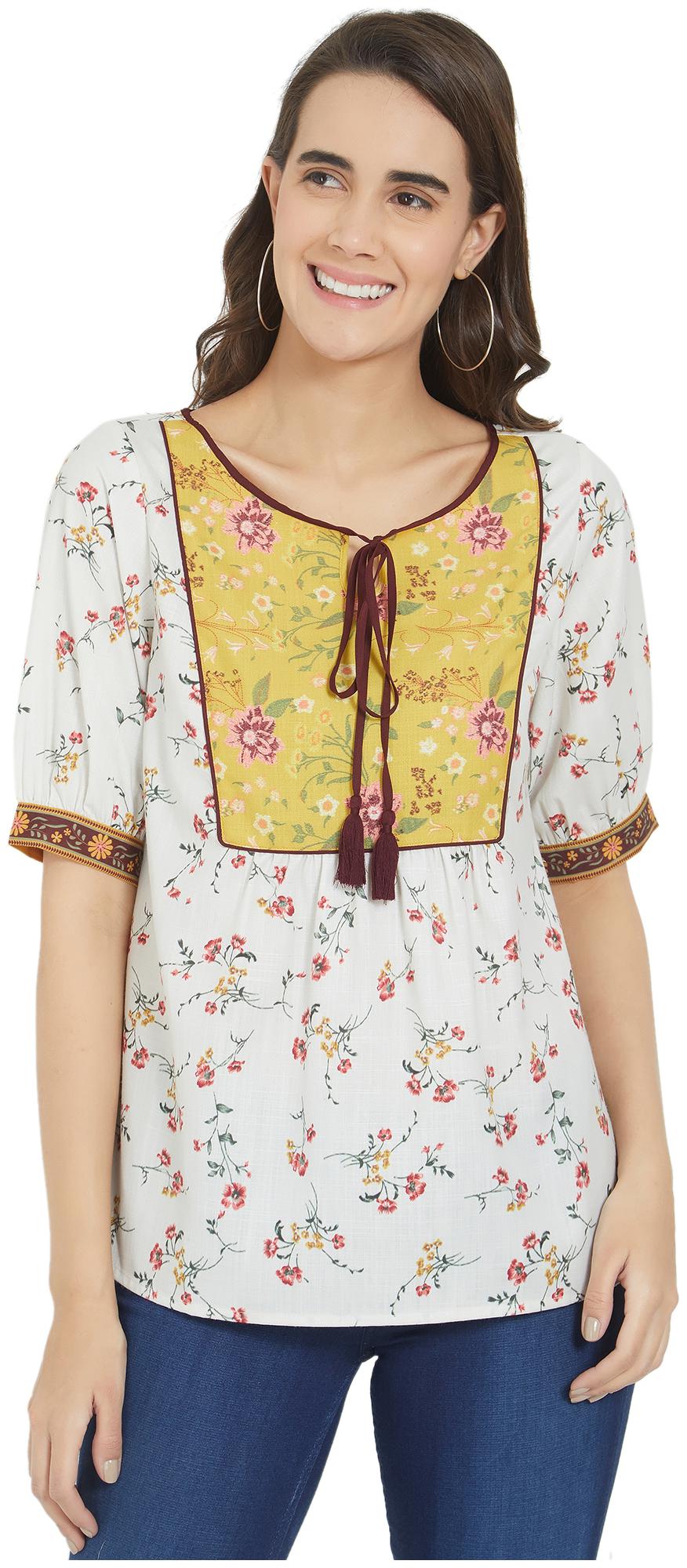 

Fusion Beats Women Printed Regular top - White Yellow