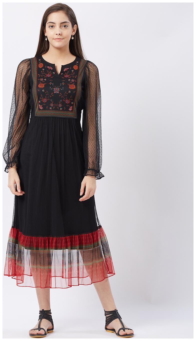 

Fusion Beats Black Self design Fit flare dress