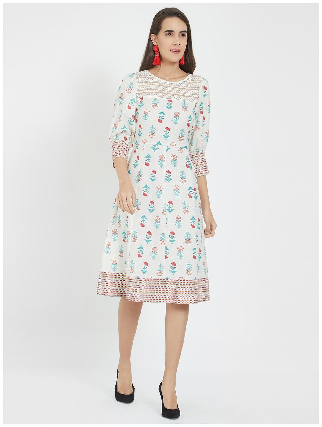 

Fusion Beats Women Viscose Rayon Printed A Line Dress White