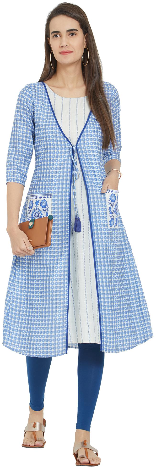 

Fusion Beats Women Blue White Printed Straight Kurta