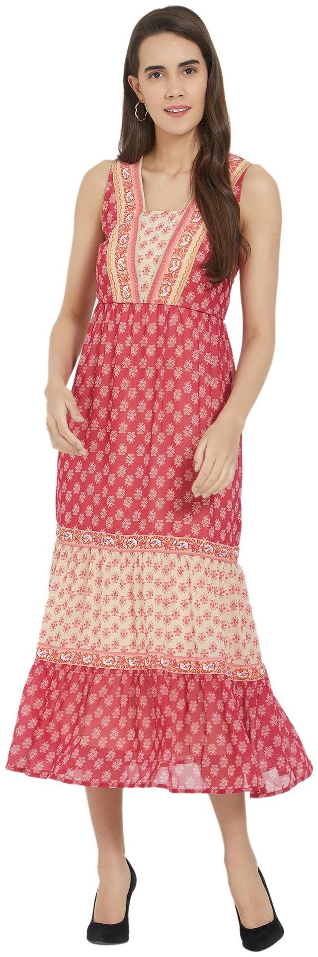 Fusion Beats Red & Beige Printed A-line dress