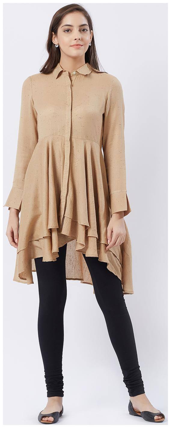 Fusion Beats Women Beige Solid Regular Kurta