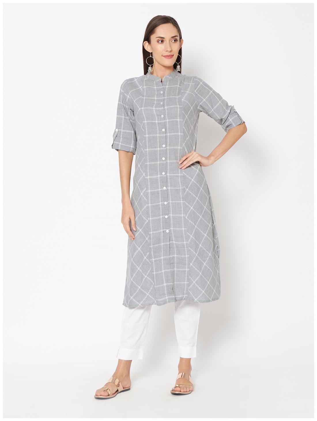 

Fusion Beats Women Grey Checkered Regular Kurti