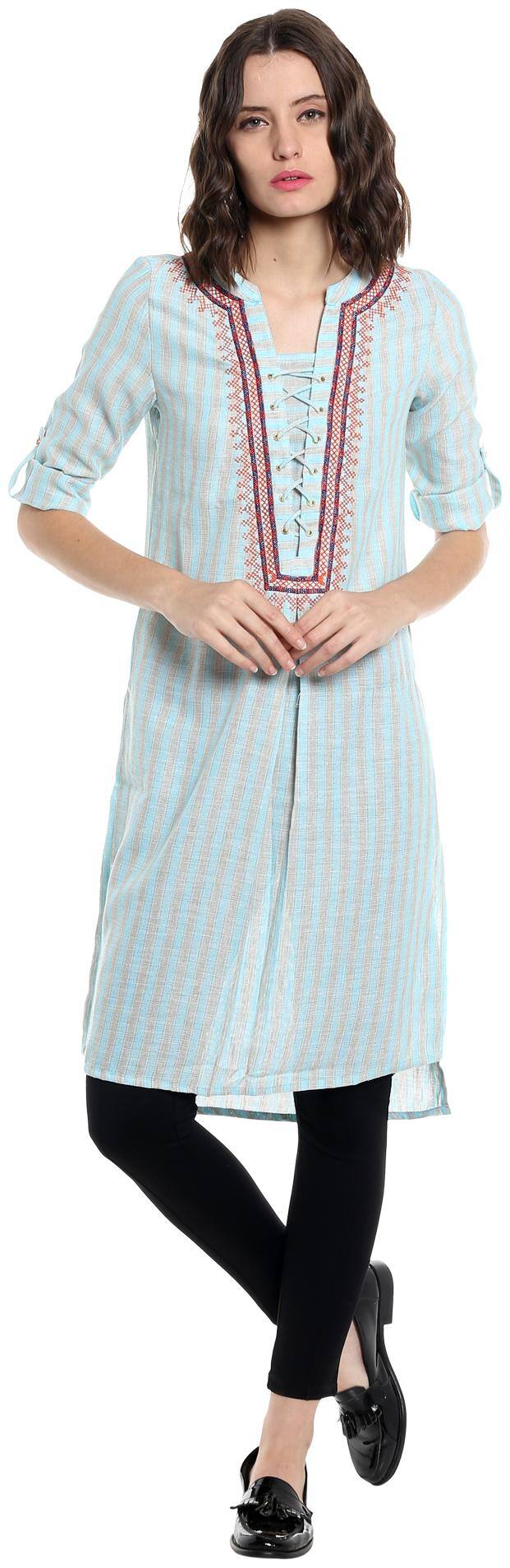 Fusion Beats Women Blue Striped Straight Kurta