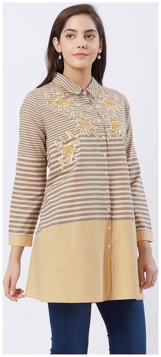 Fusion Beats Women Yellow Striped Regular Fit Shirt