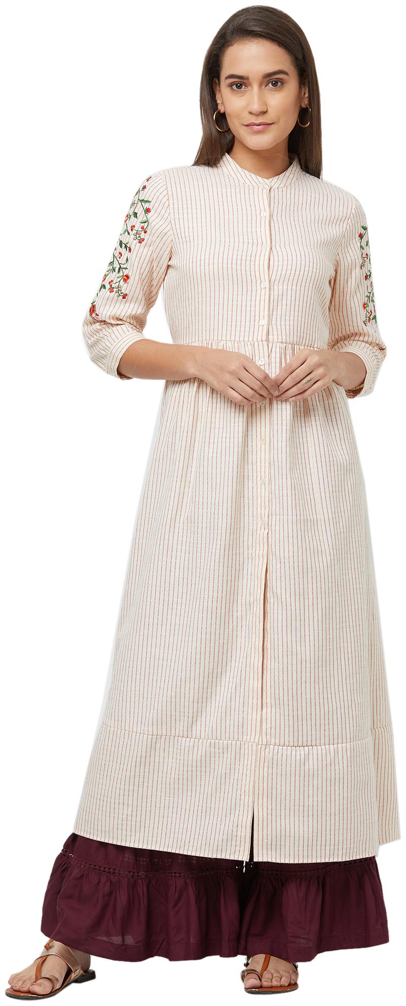 

Fusion Beats Cotton Stripes Long Kurta With Embroidered Sleeves Beige Color