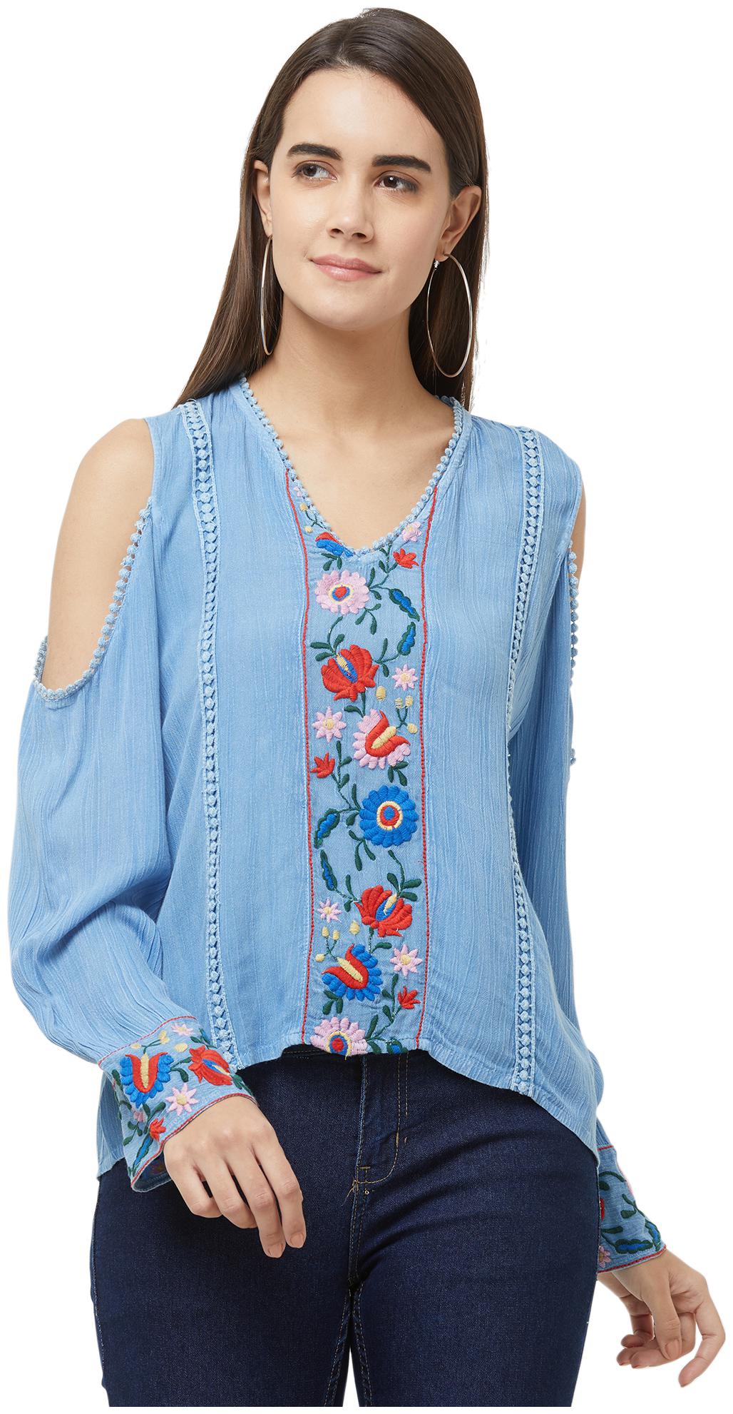 

Fusion Beats Women Embroidered Regular top - Blue