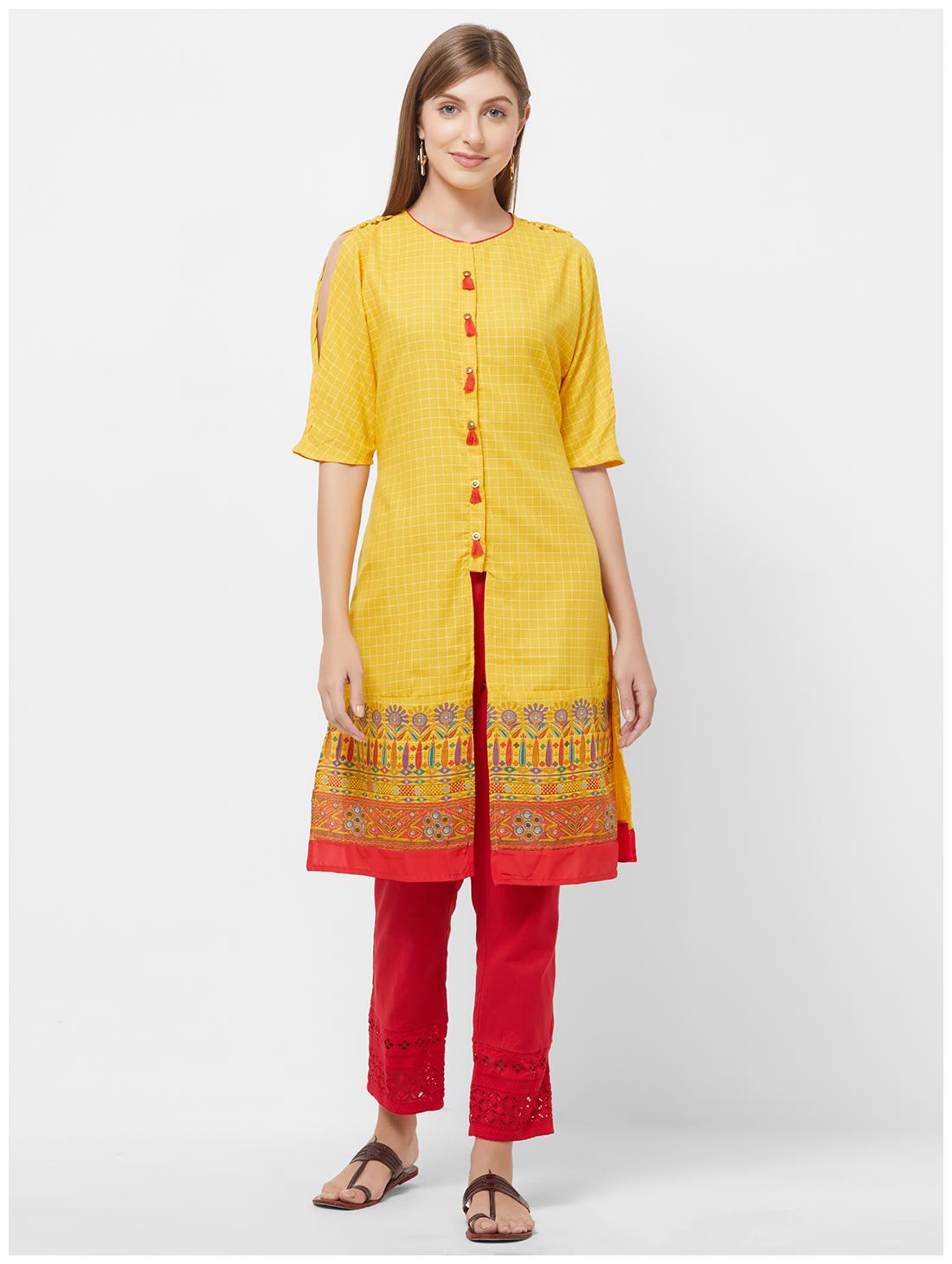 

Fusion Beats Polyester Checkered Women Yellow Kurta