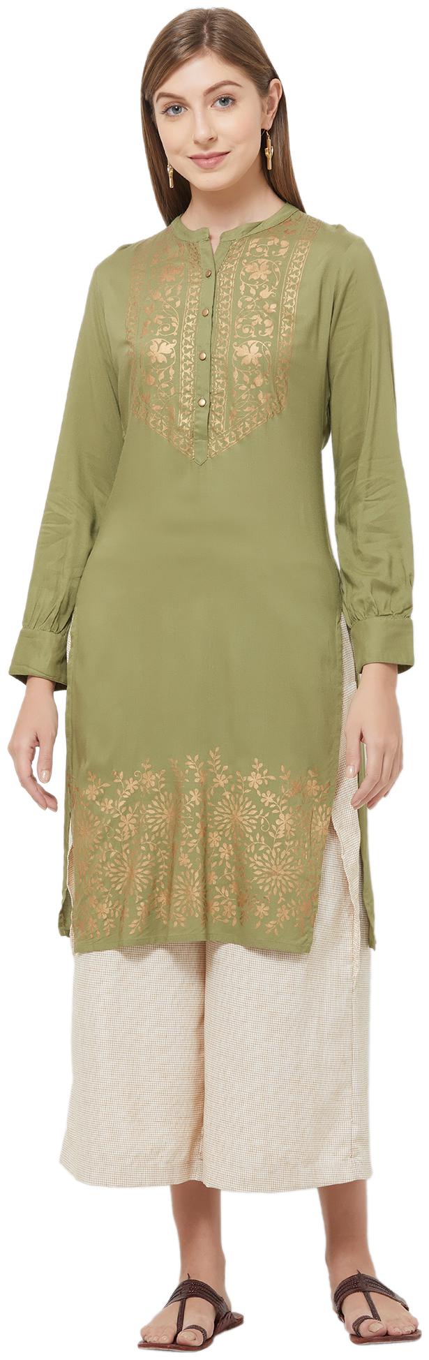 

Fusion Beats Women Green Printed Straight Kurta
