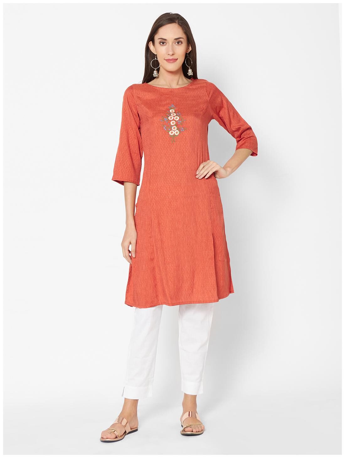 

Fusion Beats Women Orange Embroidered Regular Kurti
