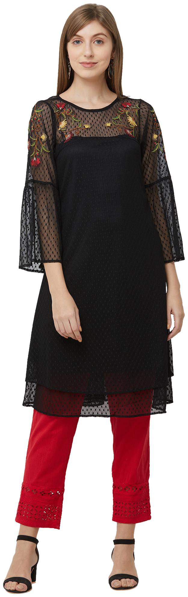 

Fusion Beats Women Black Embroidered Straight Kurta