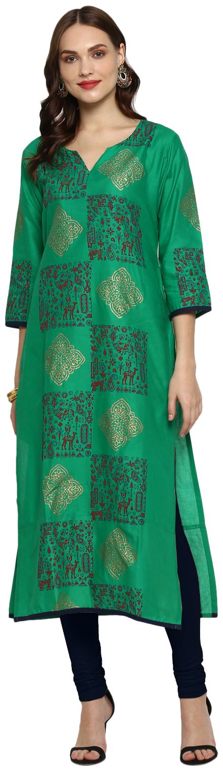 

Croesus Women Green Printed Straight Kurti