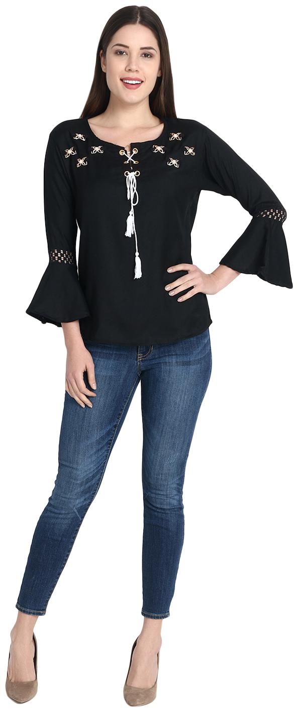 

G S A Enterprises Women Self design Regular top - Black