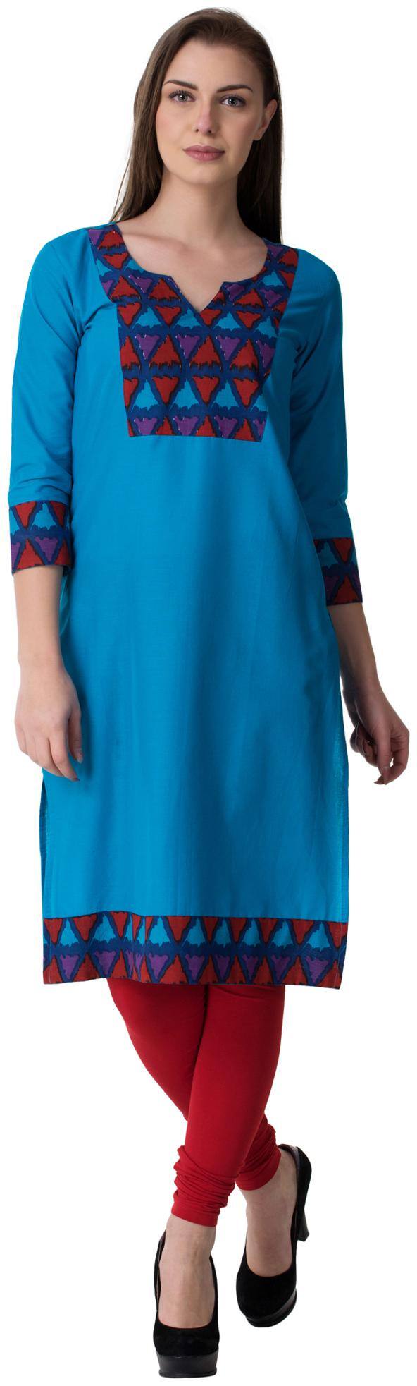 GAABA 3/4 Sleeve Printed Pure Cotton Knee-Long Casual kurti for women(turquoish)
