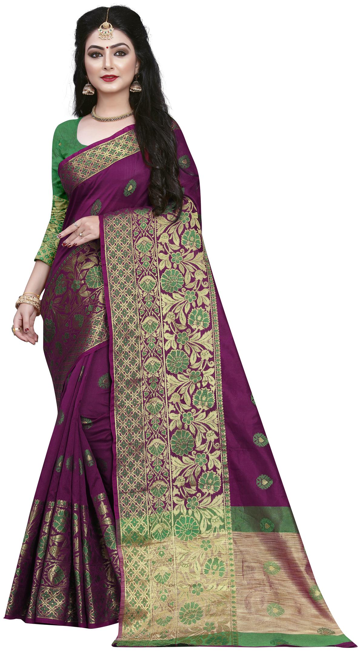 

GANGA SHREE Banarsi cottton saree with contrac running blouse - Purple