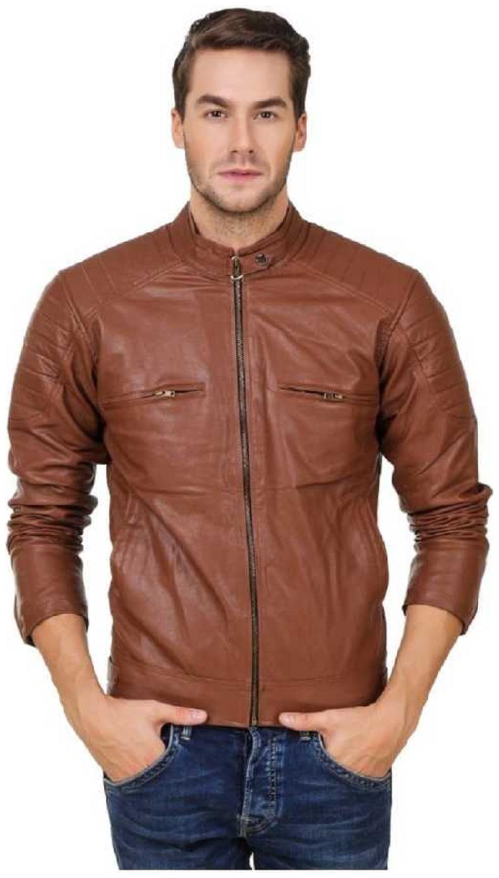 

GARMADIAN Men Brown Solid Leather jacket