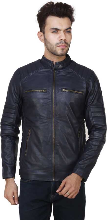 

GARMADIAN Men Navy blue Solid Leather jacket