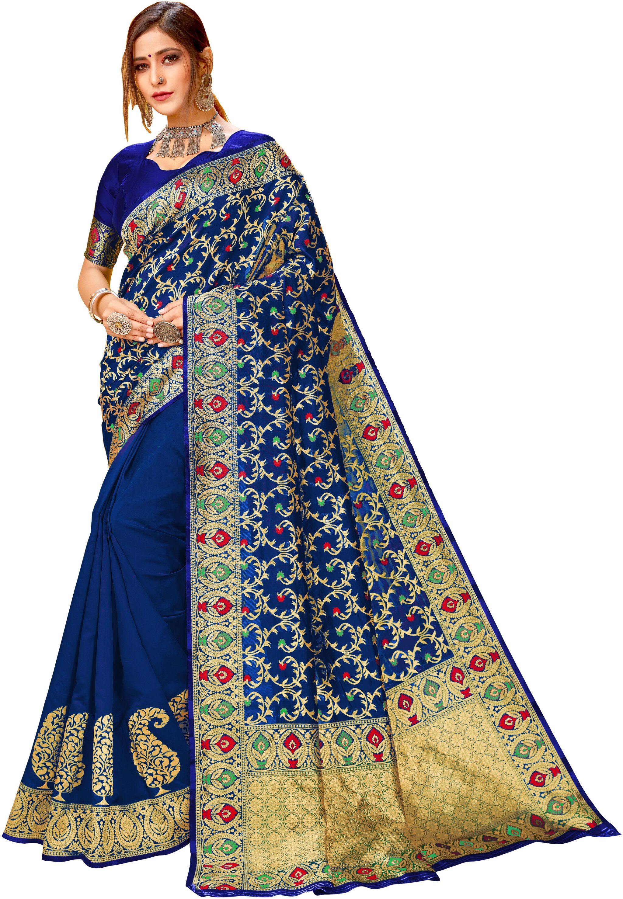 

GENIUS CREATION Women Cotton Blend Woven Navy Blue Designer Saree With Blouse