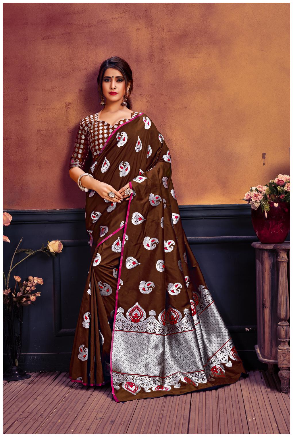 

GENIUS CREATION Women Silk Woven Brown Designer Saree With Blouse