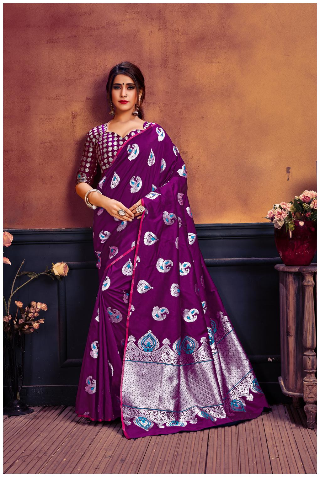 

GENIUS CREATION Women Silk Woven Wine Designer Saree With Blouse