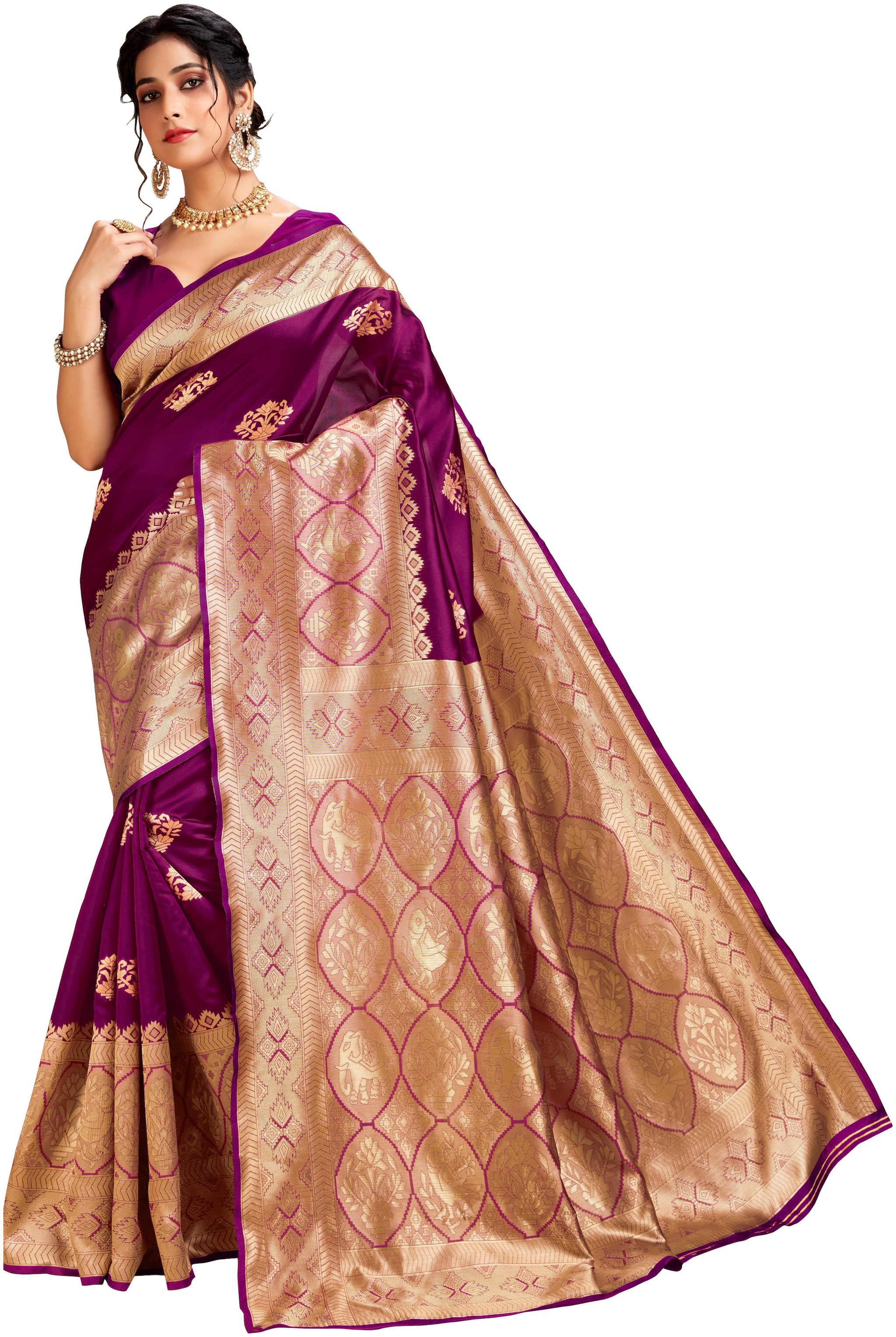 

Genius Creation Womens Latest Design Wine Color Lichi Silk Saree With Blouse Piece
