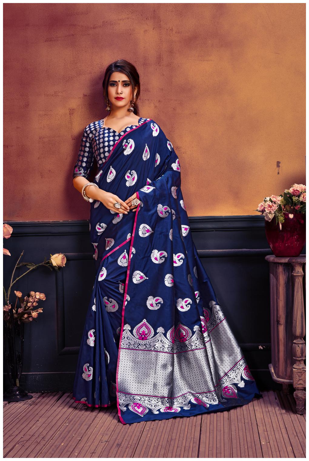 

GENIUS CREATION Women Silk Woven Blue Designer Saree With Blouse