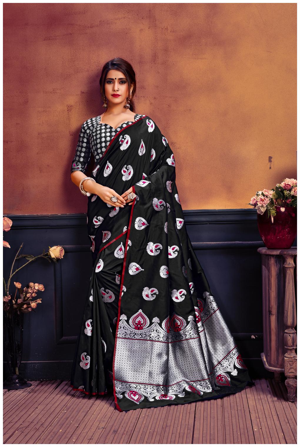 

GENIUS CREATION Women Silk Woven Black Designer Saree With Blouse