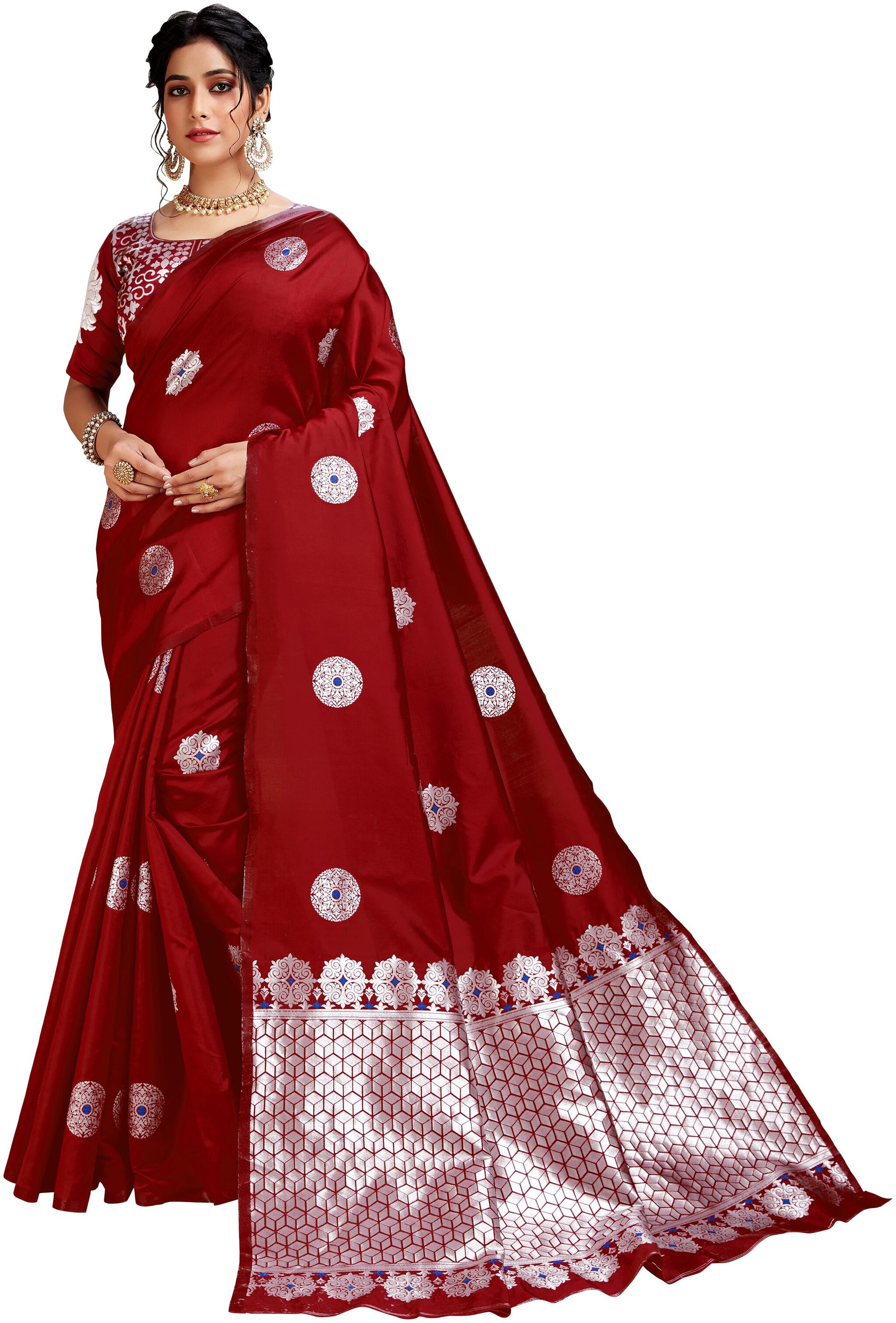

Genius Creation Womens Latest Design Maroon Color Lichi Silk Saree With Blouse Piece