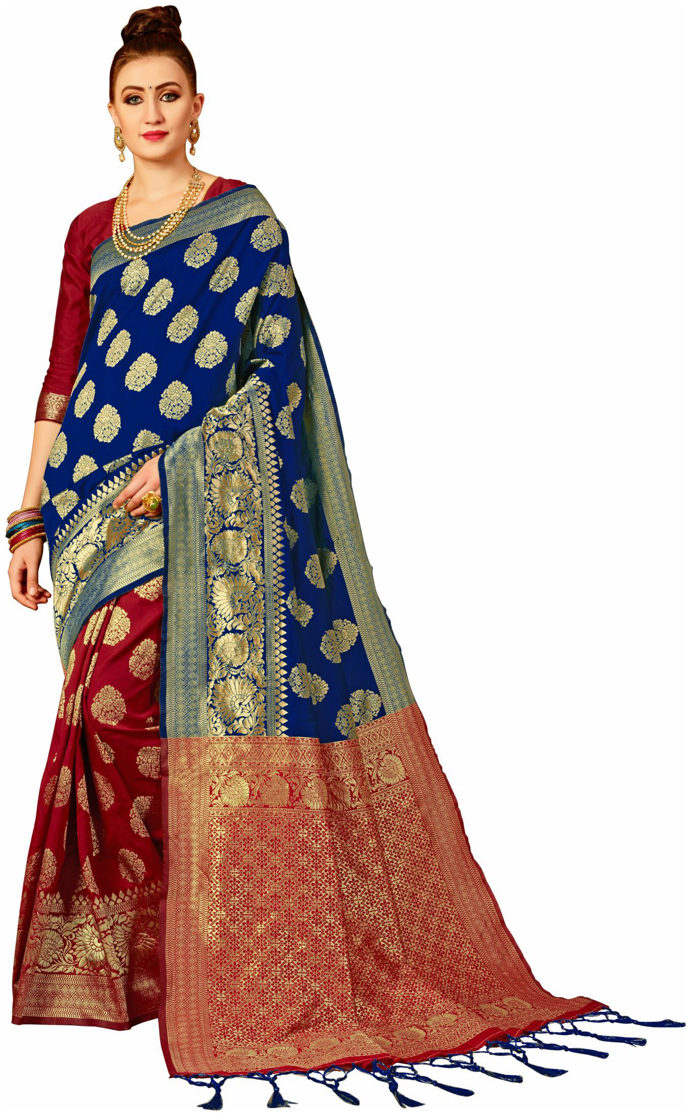 

Genius Creation Self Design Red And Blue Banarasi Silk Saree