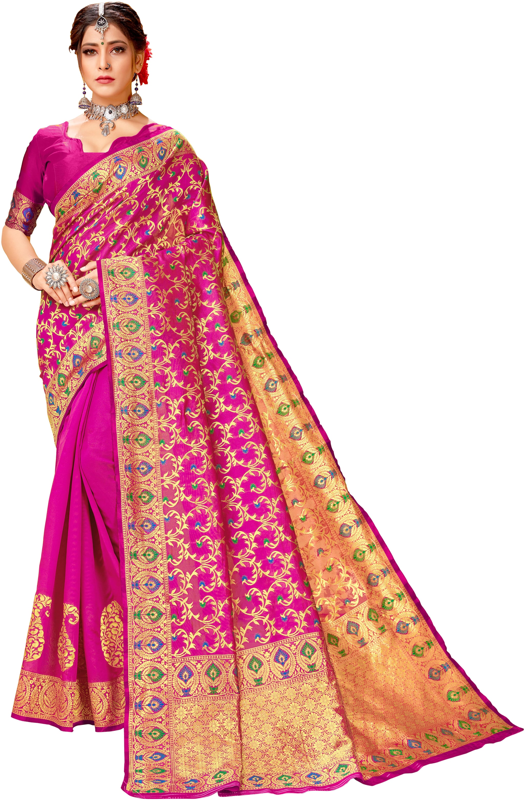 

GENIUS CREATION Women Cotton Blend Woven Pink Designer Saree With Blouse