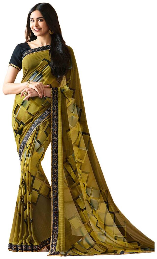 Genius Creation Bollywood Design Mehandi Color Georgette Printed Saree