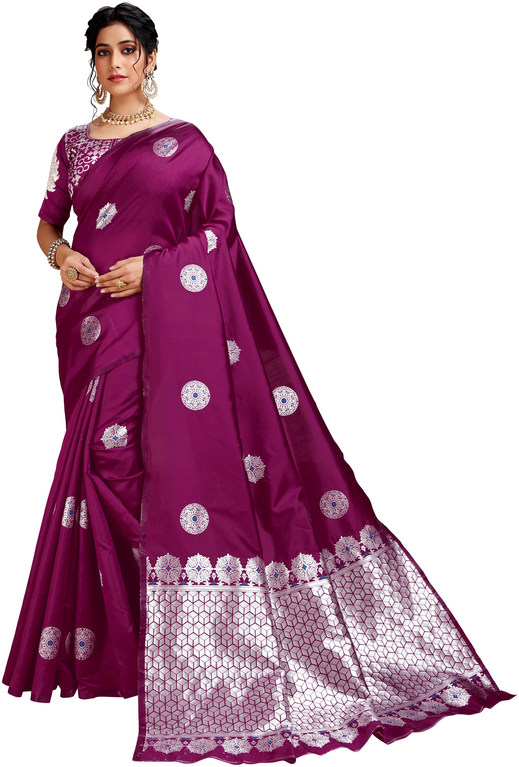 

Genius Creation Womens Latest Design Wine Color Lichi Silk Saree With Blouse Piece