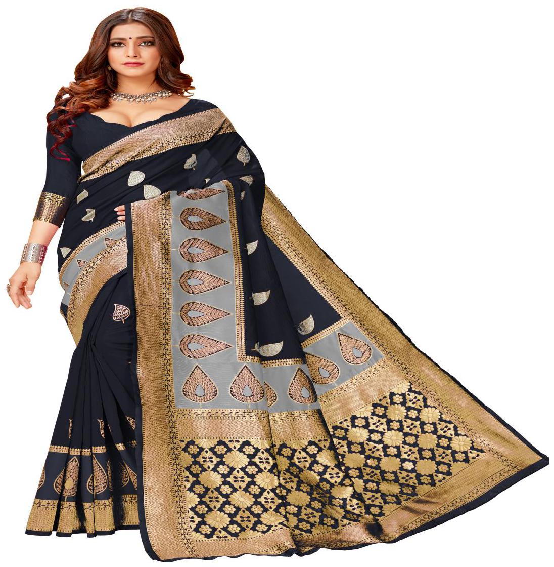 

GENIUS CREATION Women Cotton Woven Saree Black