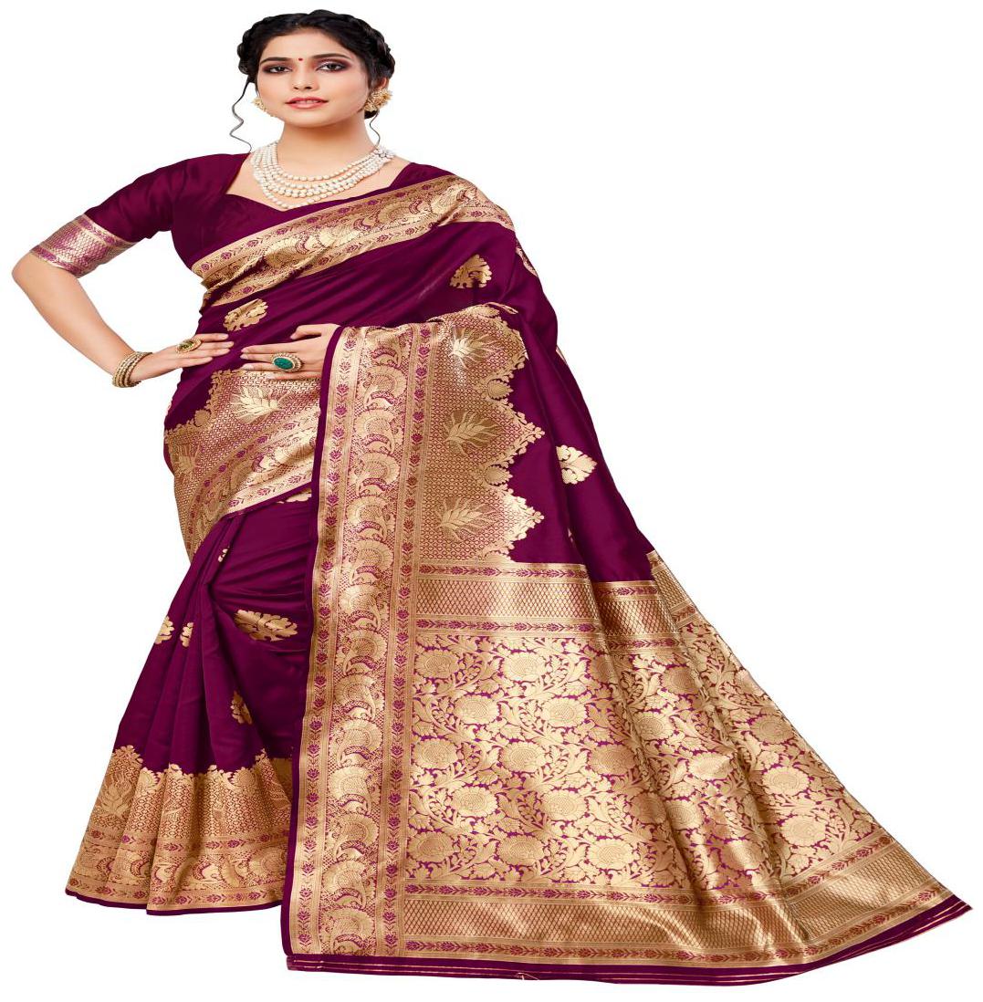 

Genius Creation Womens Wine Color Lichi Silk Saree With Blouse Piece