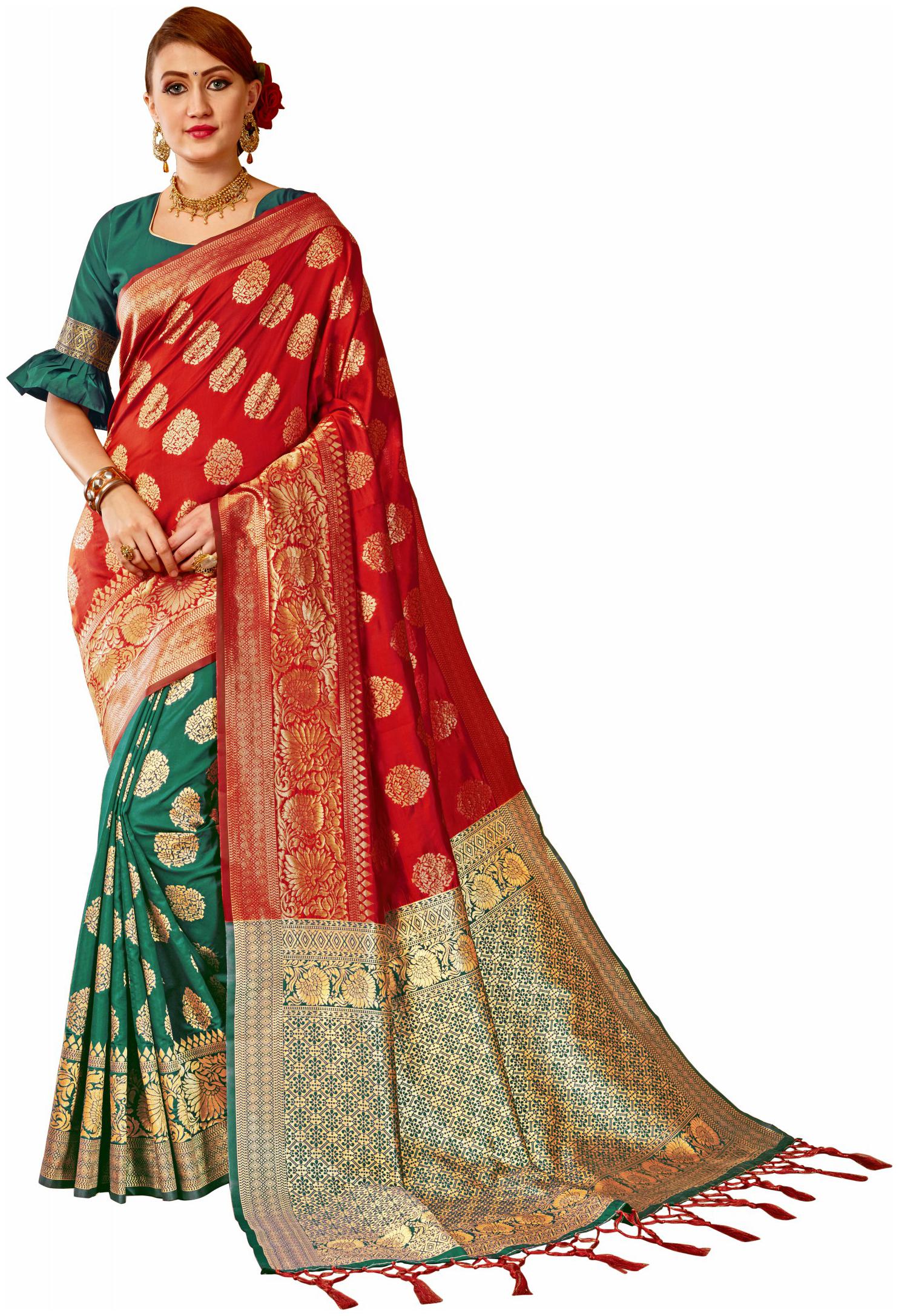 

Genius Creation Self Design Green And Red Banarasi Silk Saree