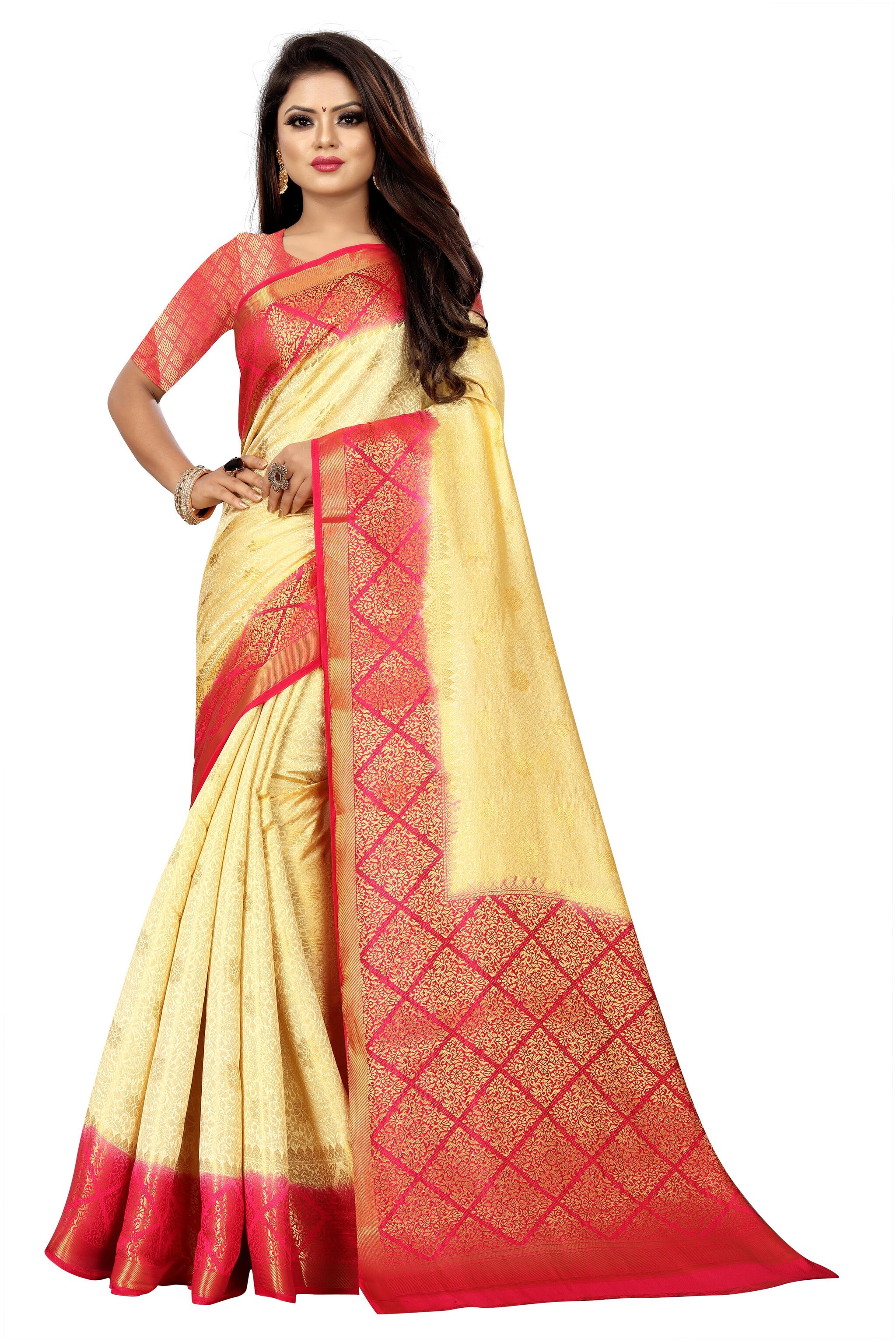 

GENIUS CREATION Women Silk Woven Cream Designer Saree With Blouse