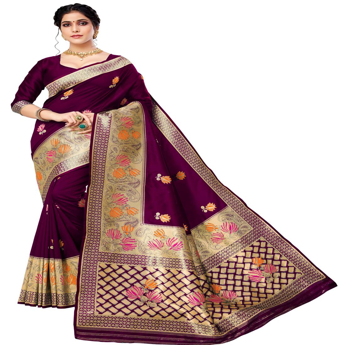 

GENIUS CREATION Silk Woven Wine Color Saree with Blouse