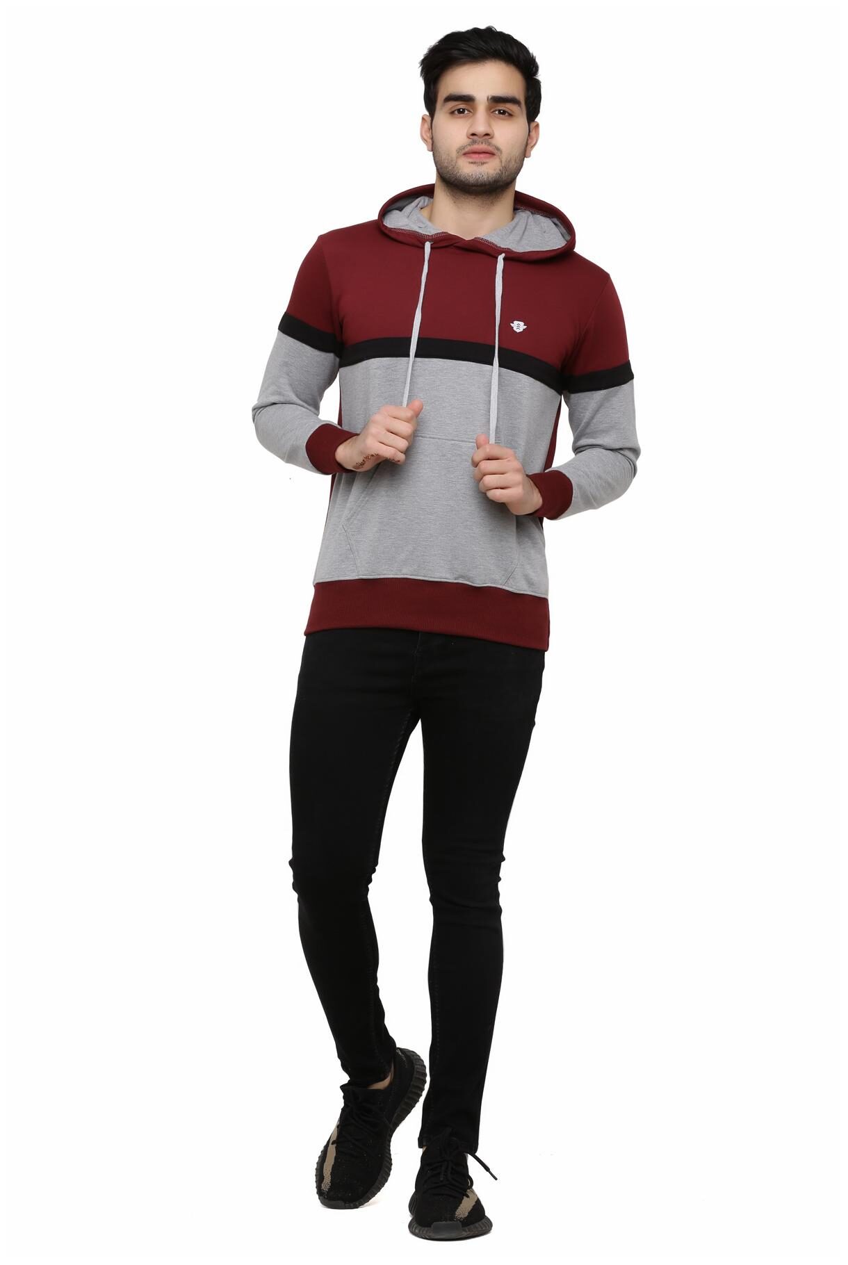 

GENTINO Men Maroon Grey Hooded Sweatshirt