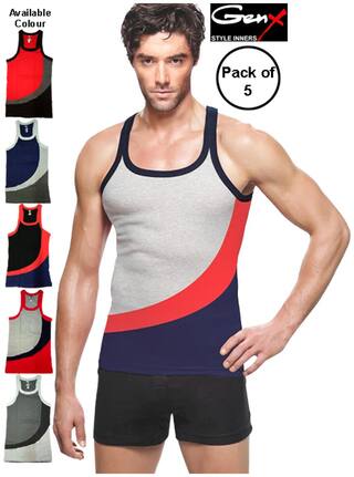 Genx Pack of 5 Sleeveless Round Neck Men Gym Vest - Assorted